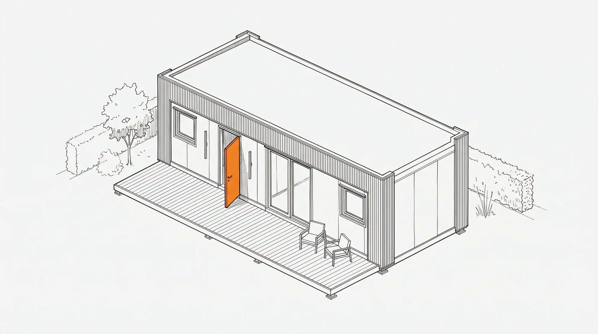 Zeichnung: Das fertige Modulhaus im Garten mit Terrasse und offener Haustür