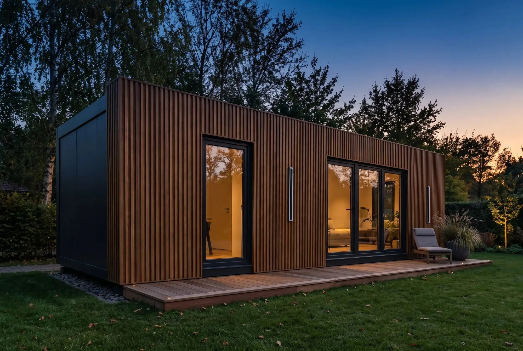 Wohncontainer mit Lamellenfassade und bodentiefen Fenstern auf einer Wiese