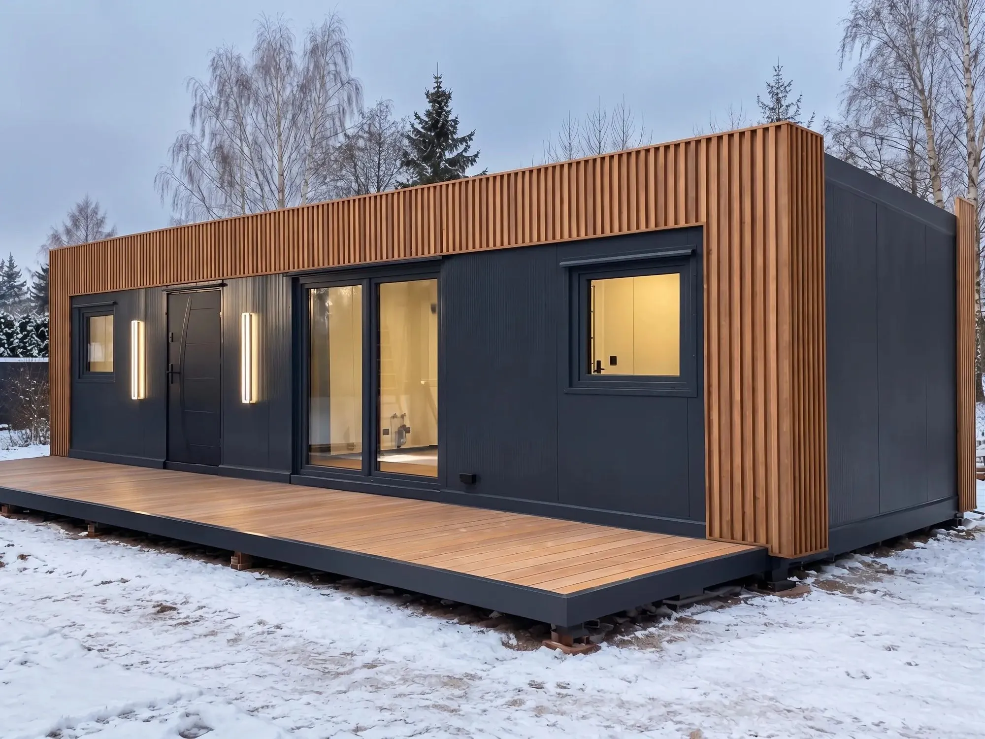 Wohncontainer mit Holzterrasse und beleuchteten Fenstern im Schnee