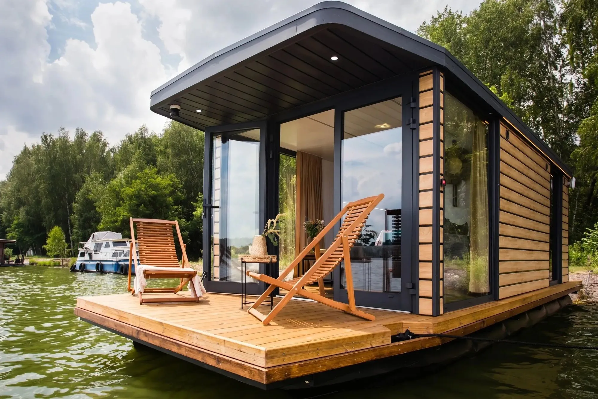 Hausboot mit Holzdeck, Glasfront und zwei Liegestühlen auf einem See