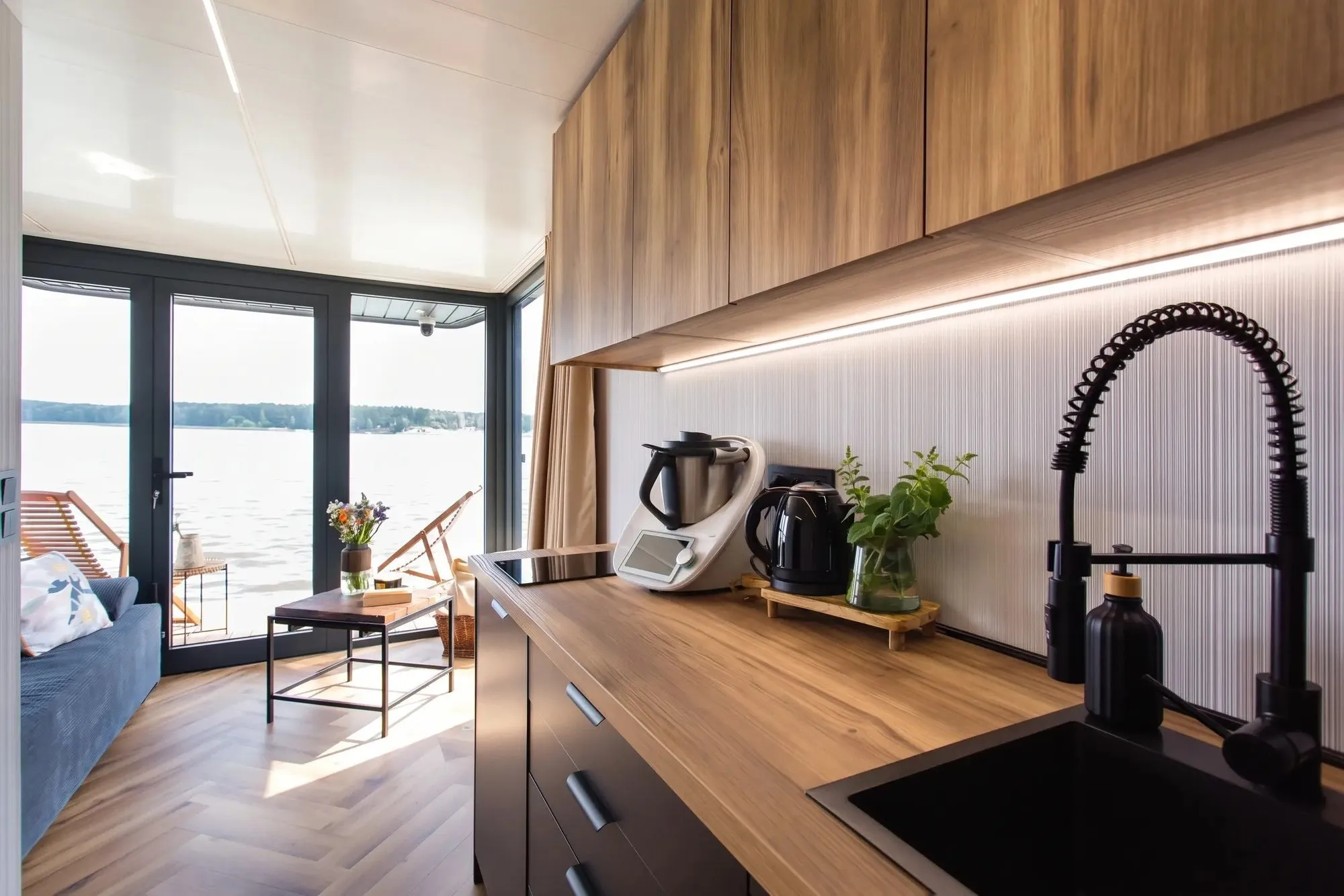 Küche im Hausboot mit Holzfronten und Blick aufs Wasser
