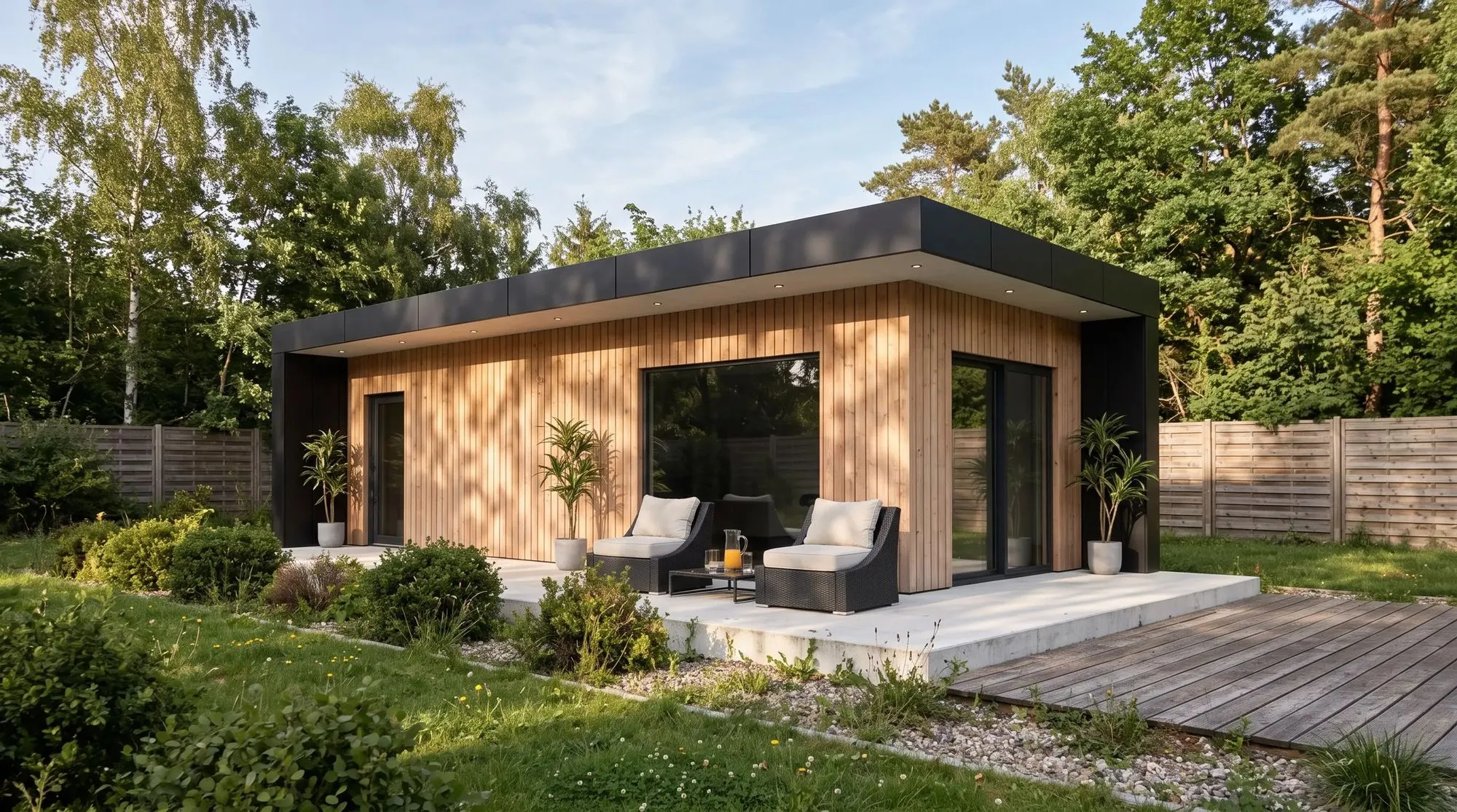 Rendering: Gartenhaus mit Holzfassade und überdachter Terrasse