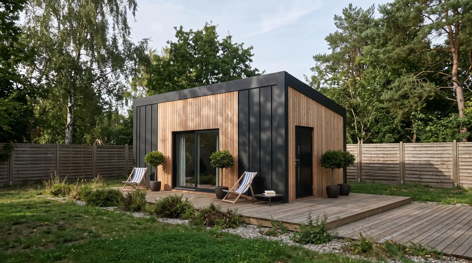 Rendering: kubisches Gartenhaus mit dunkler Fassade und Holzfläche
