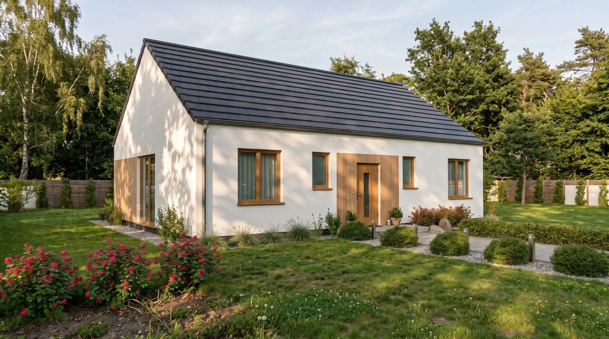 Rendering: eingeschossiges weißes Wohnhaus mit Satteldach
