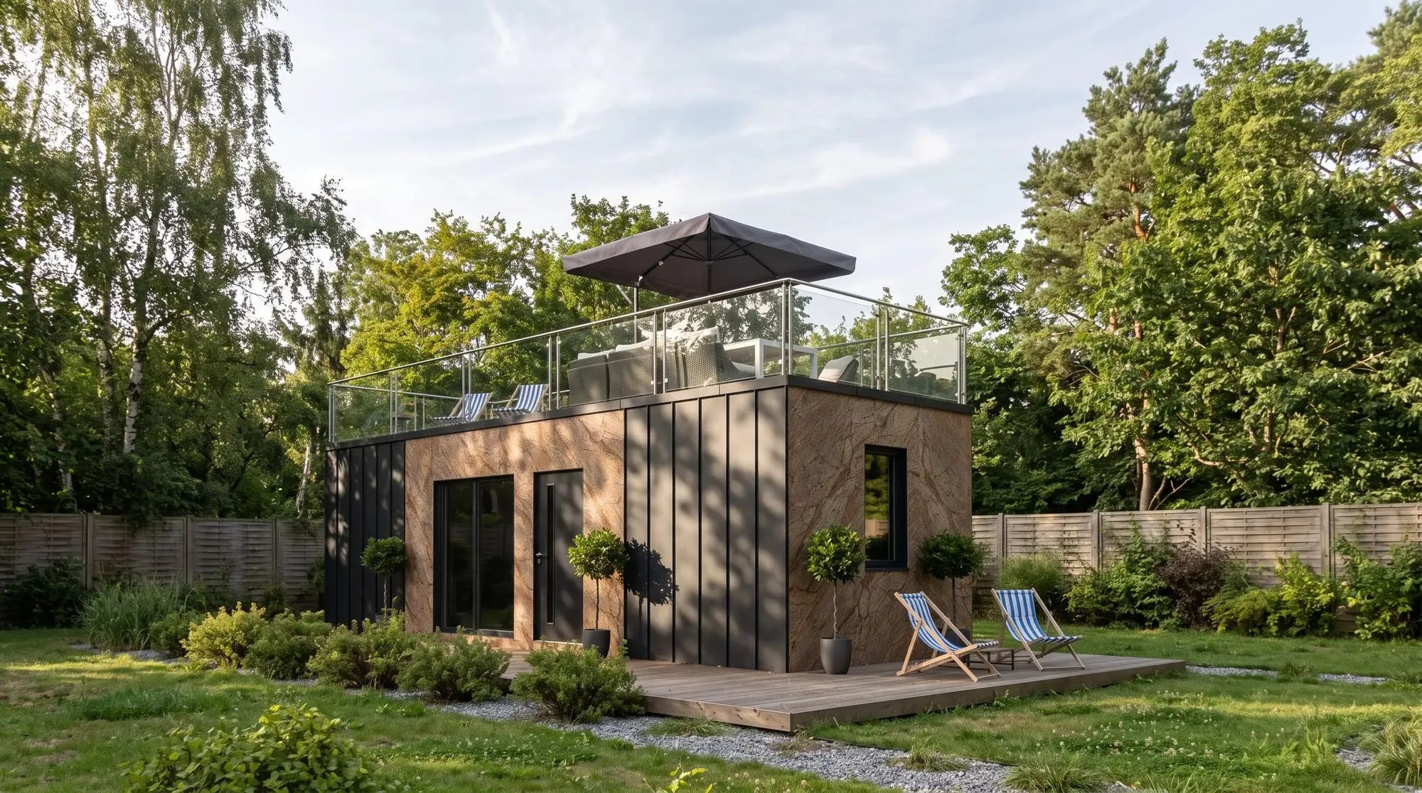Rendering: Modulhaus mit Dachterrasse und Glasgeländer