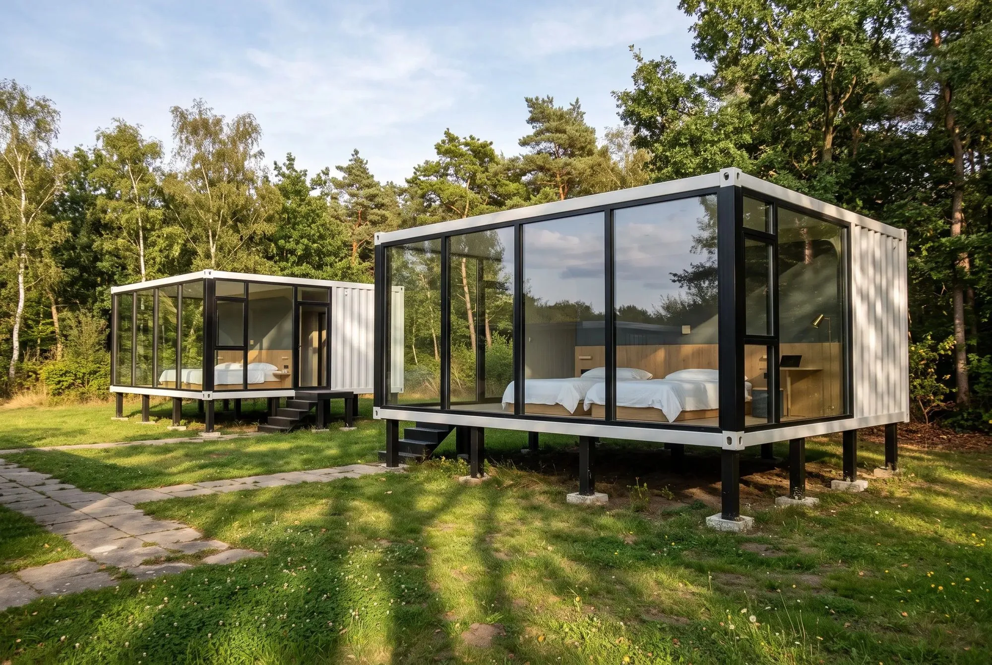 Zwei aufgeständerte Raummodule mit Glasfront als Gästezimmer am Waldrand