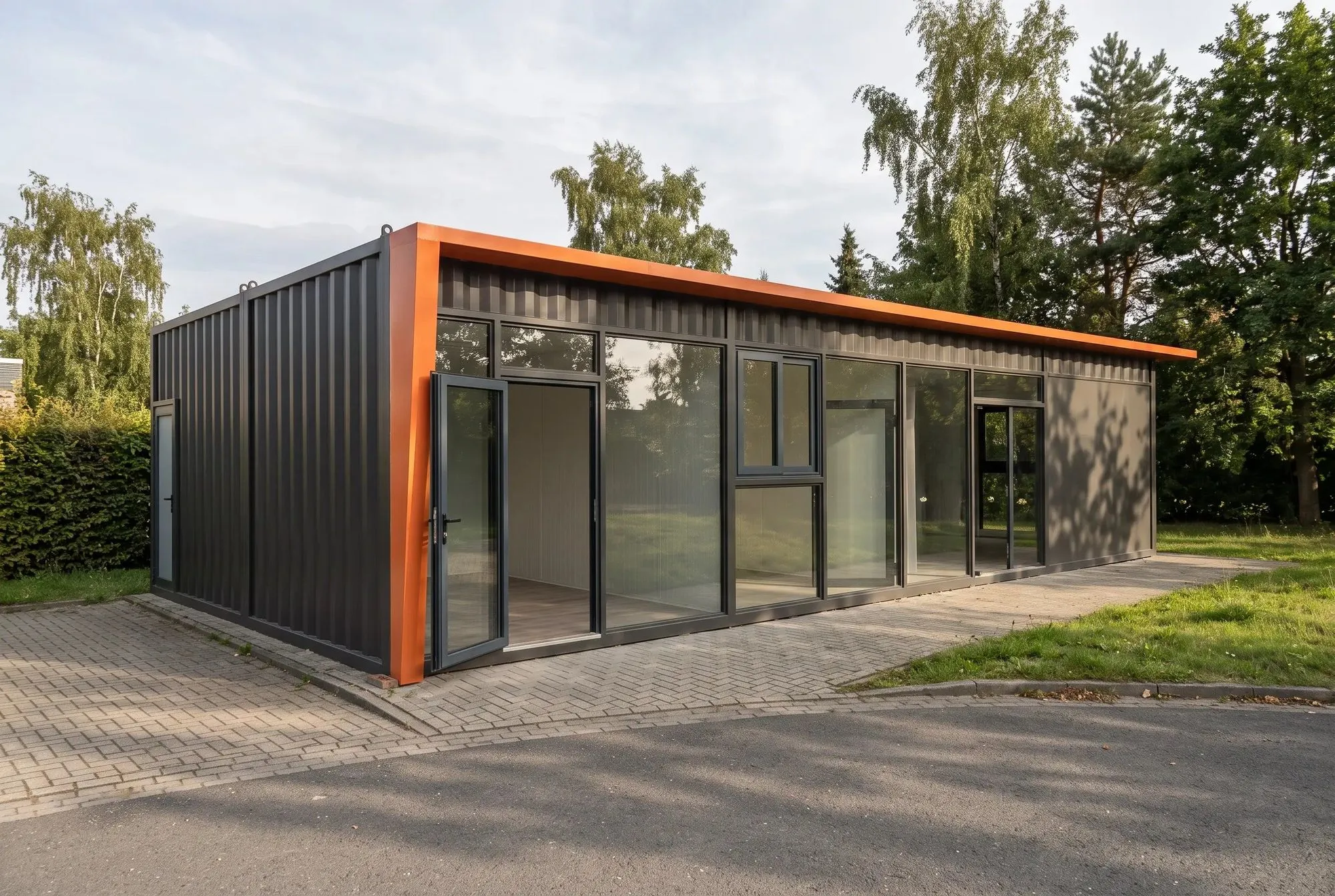 Büromodul mit anthrazitfarbener Stahlfassade, orangem Rahmen und Glasfront