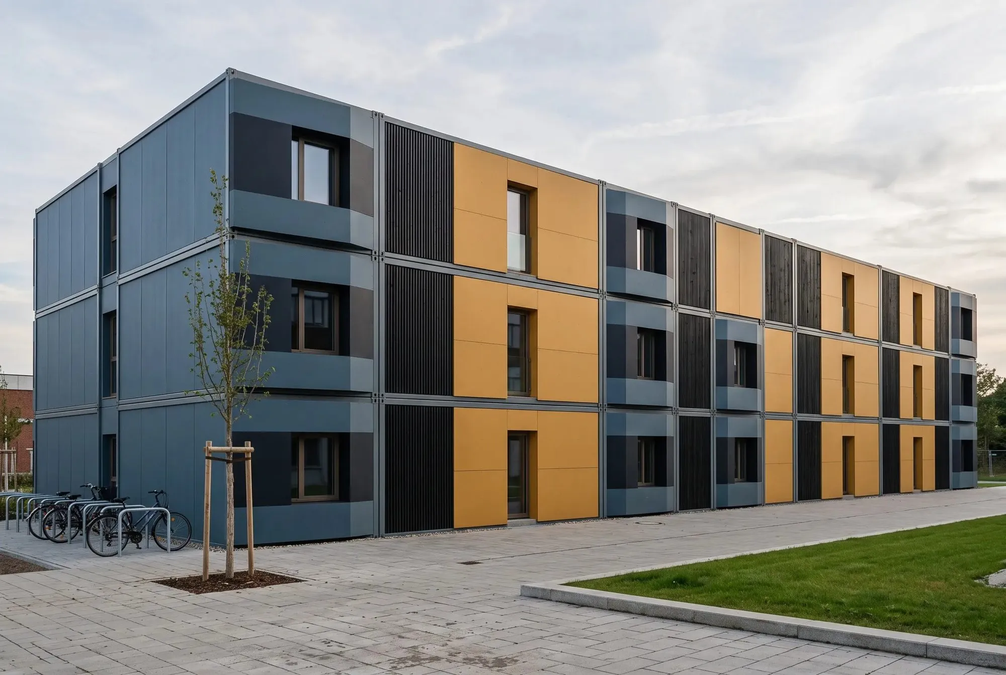 Dreigeschossiges Wohnheim aus gestapelten Raummodulen mit grauen, schwarzen und ockerfarbenen Fassadenfeldern