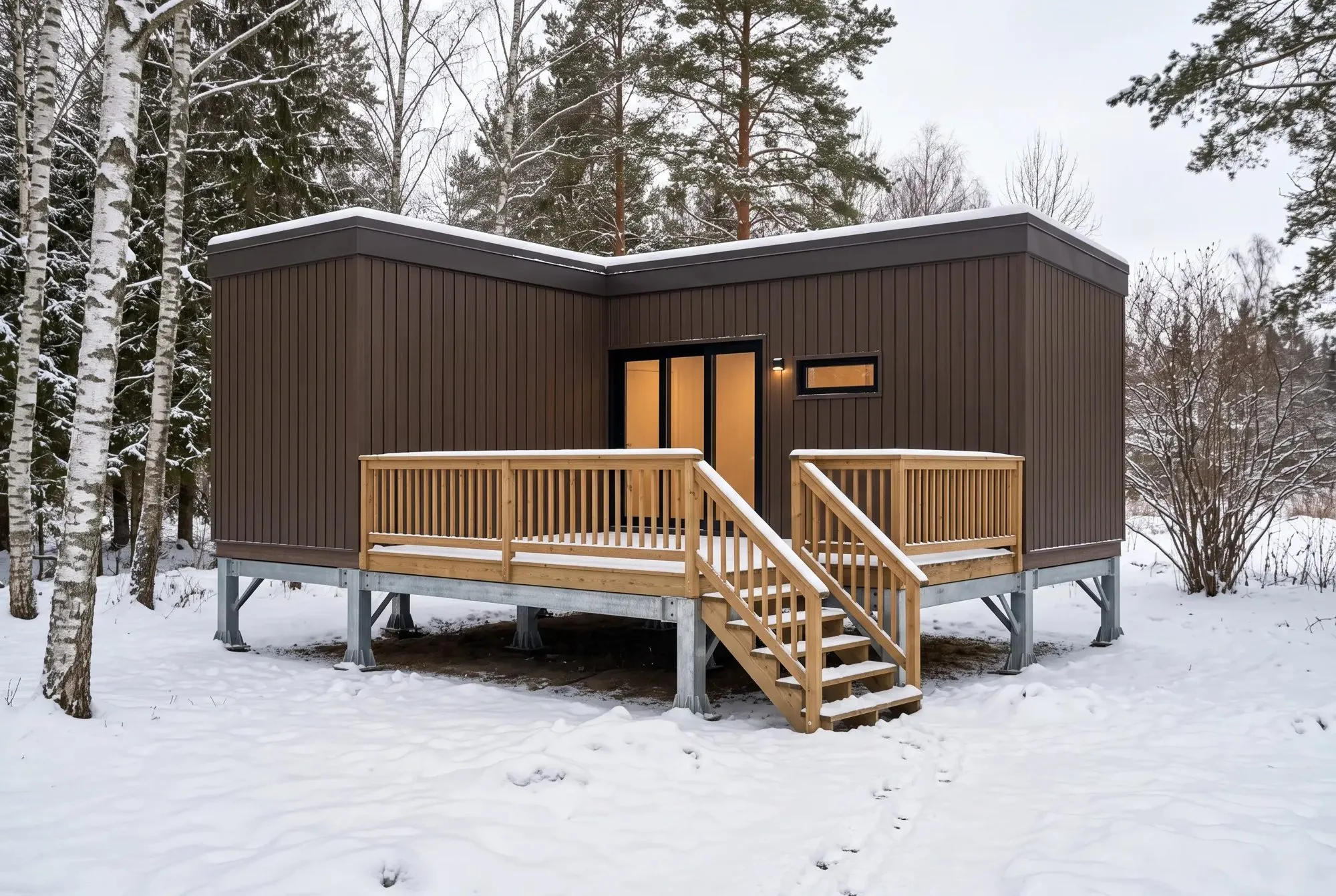 Gedämmtes Wohnmodul mit brauner Holzfassade und Holzdeck im verschneiten Wald