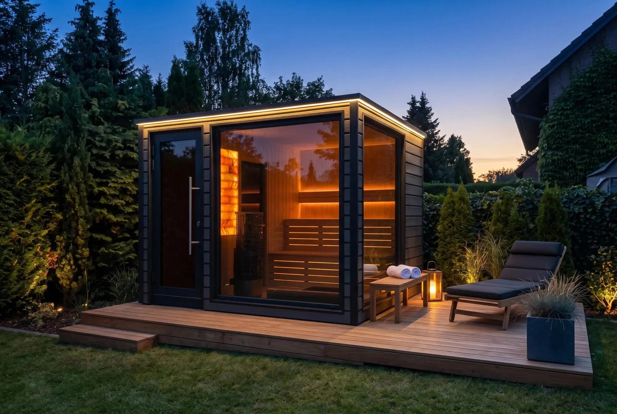 Gartensauna als Kubus mit Glasfront, am Abend von innen beleuchtet