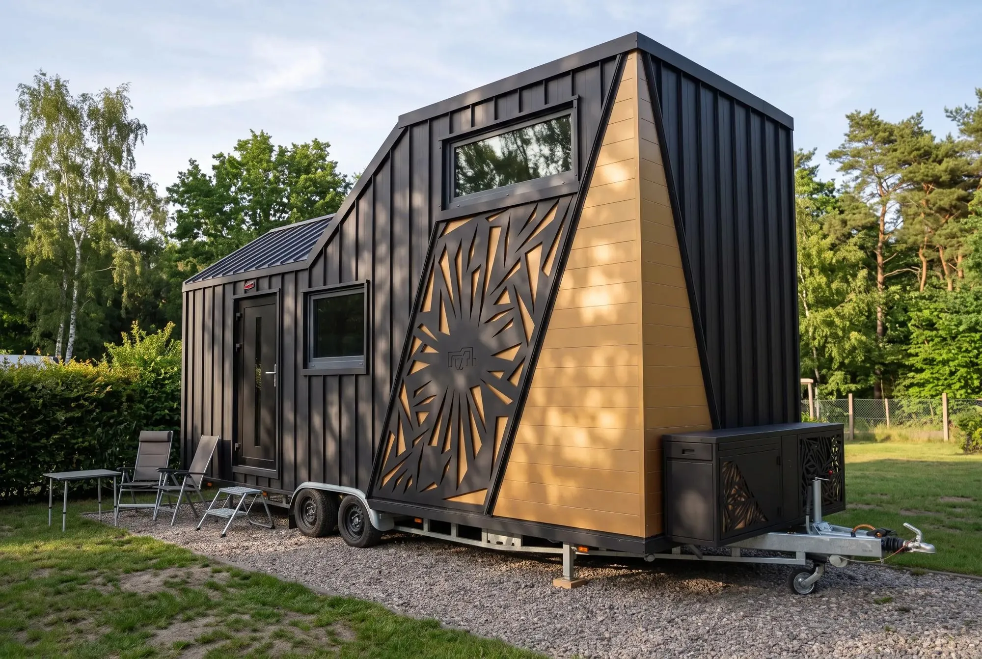Tiny House auf einem Anhänger auf einem Schotter-Stellplatz, mit anthrazitfarbener Fassade und Holzflächen