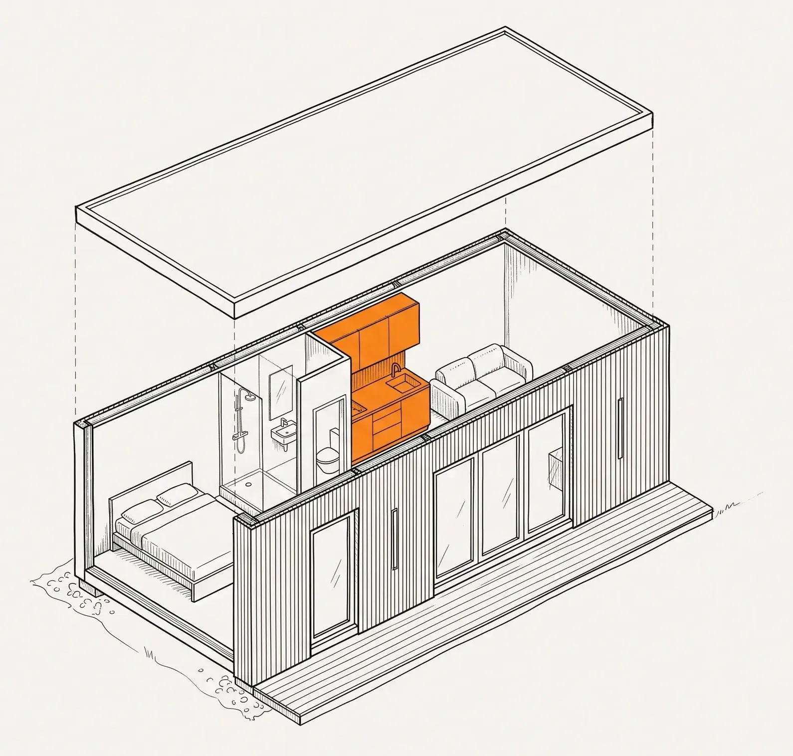 Zeichnung des Wohncontainers mit abgehobenem Dach: Schlafzimmer, Bad, Küche und Wohnraum