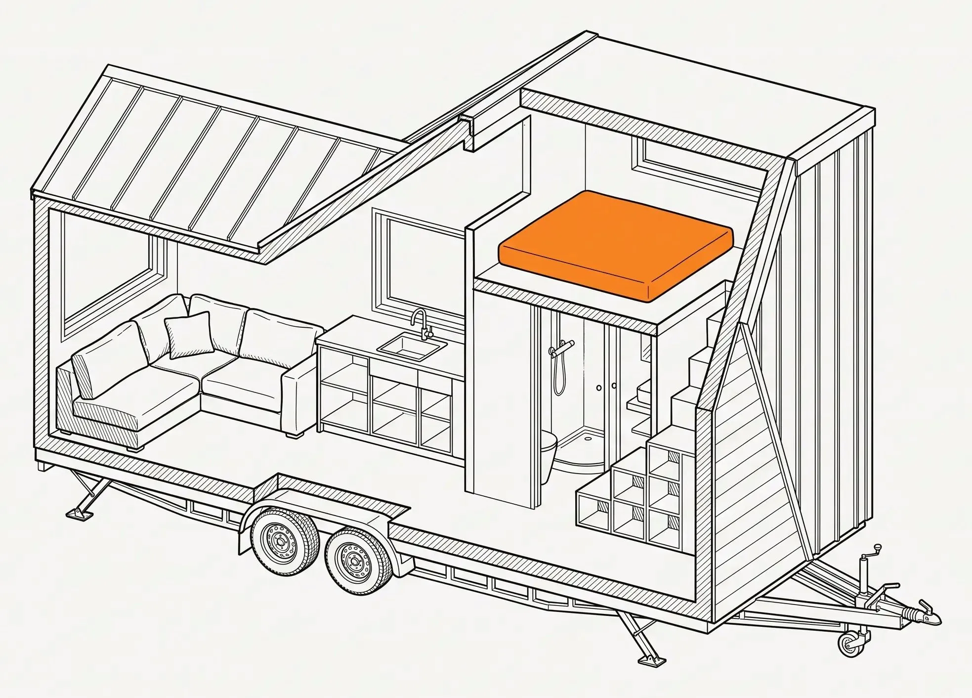 Schnittzeichnung des Tiny House auf dem Anhänger: Sitzecke, Küchenzeile, Bad und darüber die Schlafgalerie